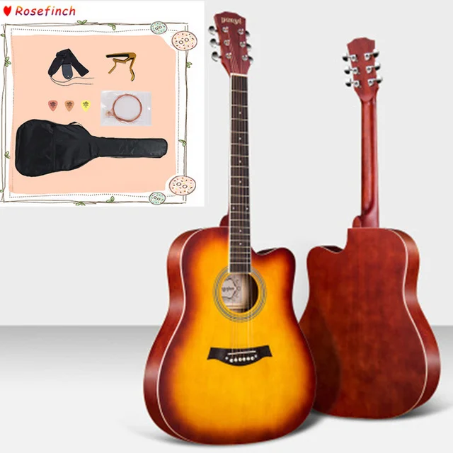 38/41 дюймов гитара, гитара, акустическая народная гитара для начинающих, 6 струн, липа с комплектами, черная, белая, деревянная, Красная гитара AGT16 - Цвет: AGT123ASUNSET