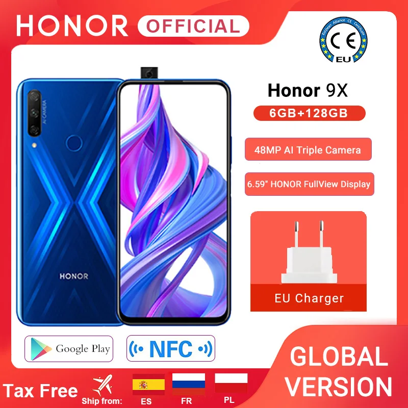 В наличии глобальная версия Honor 9X 6 ГБ 128 Mobbile телефон 48MP AI двойной Камера 59