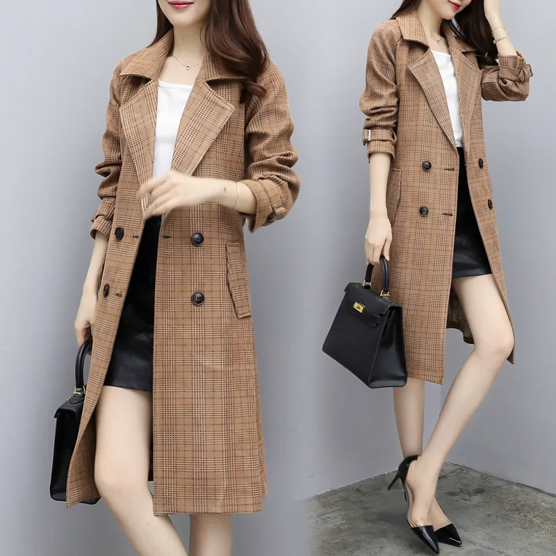 

Plaid Trench Coat Women's Mid-length over-the-Knee Coat 2018 Spring And Autumn Korean-style Hong Kong Style CHIC Correct Elegant