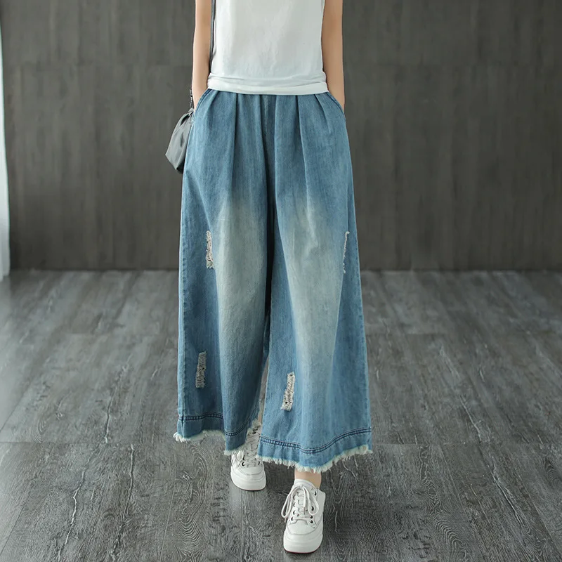 

Casual Wide Leg Trouse Women Elastic High Waist Loose Cotton Long Jeans Pants Plus Size Art Distressed Denim Pants De Muje