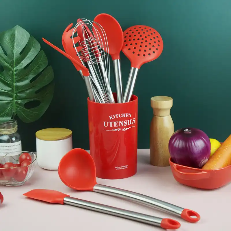 Silicone Cooking Utensil Set With Holder Non Stick Kitchen Utensils Set Heat Resistant Cookware With Stainless Steel Handle Cooking Tool Sets Aliexpress