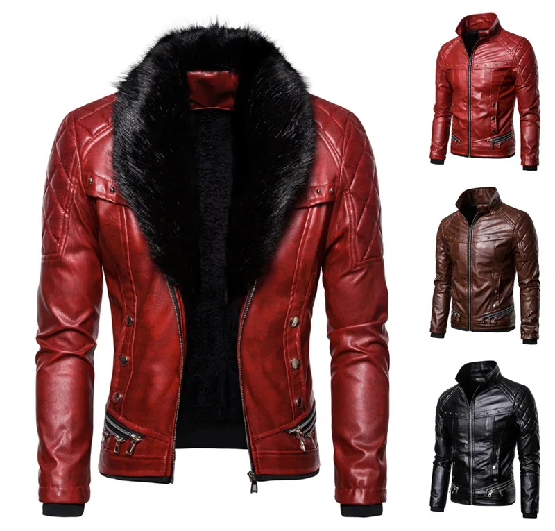 

Men Punk Detachable Fur Collar Rivet Pressed Cotton Thick Windproof Motorcycle Leather Jacket