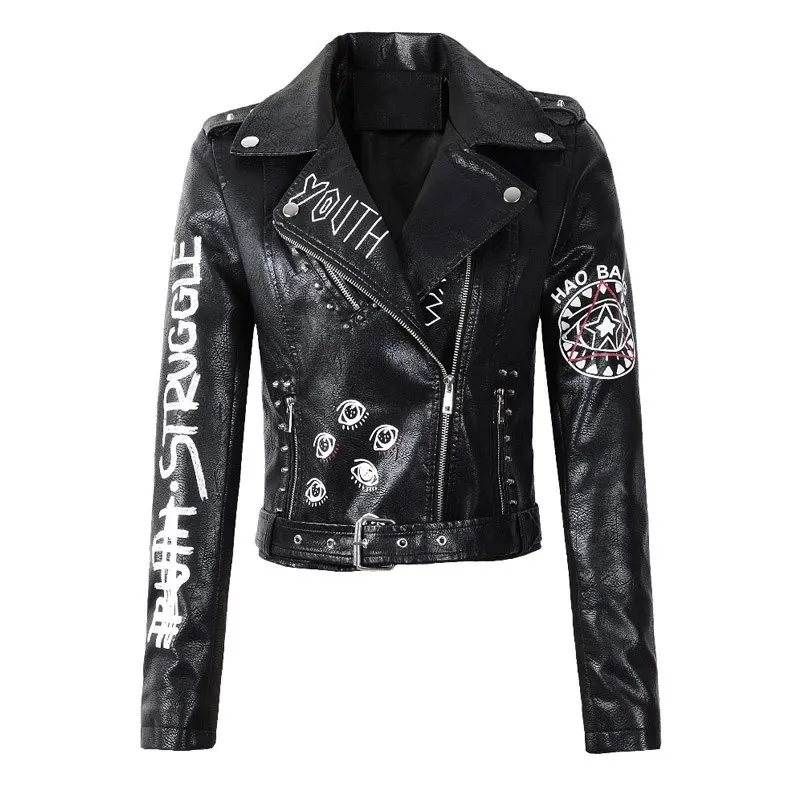 Spring and Autumn Coat Leather Jacket Female Pu Rivet Zipper Epaulet Motorcycle Streetwear | Женская одежда