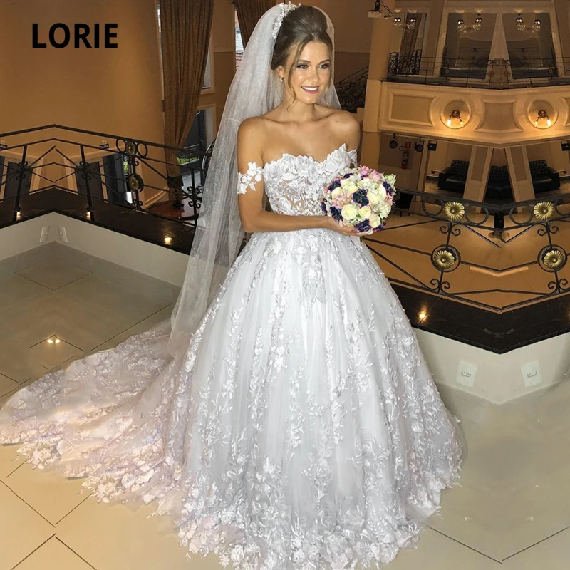 

Свадебное платье LORIE с открытыми плечами, кружевное арабское элегантное платье невесты с 3D рисунком, роскошный пошив на заказ