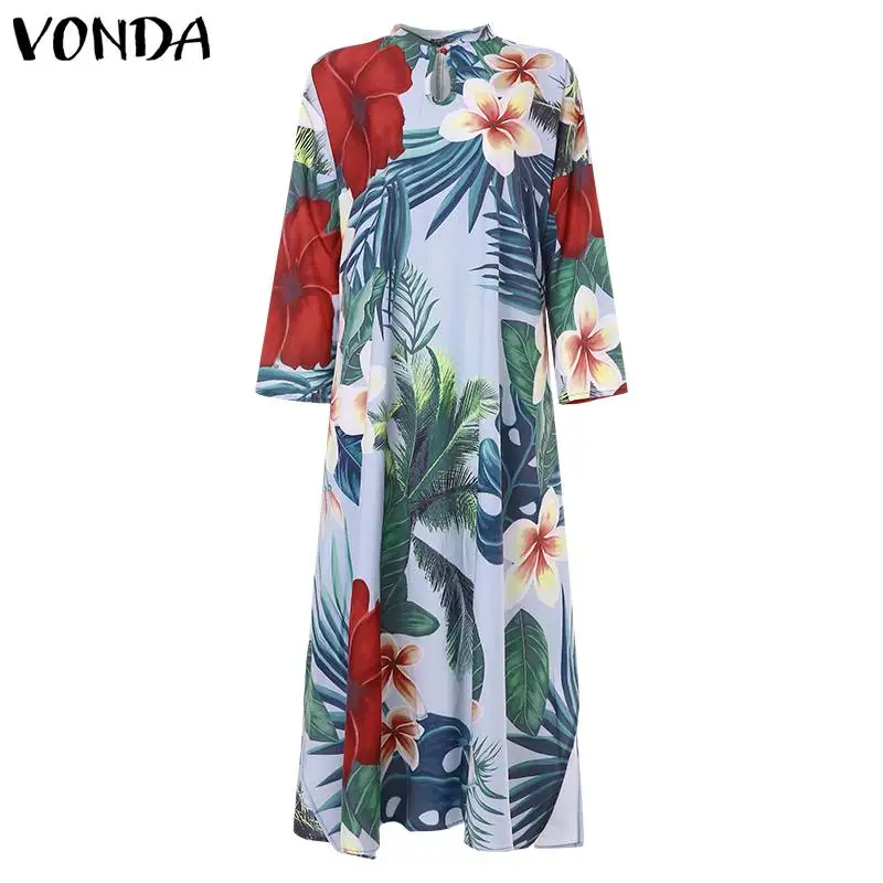 VONDA женское богемные напольные платья осенние винтажные Вечерние Платья с цветочным принтом размера плюс сексуальное повседневное длинное платье 5XL - Цвет: Green