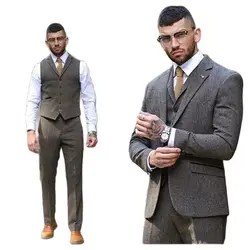 Dark Gray Herringbone Tweed Men's Suits 3Pcs Custom Made Slim Fit Blazer Trousers Autumn Winter Party Wear Man Jacket Pants Vest