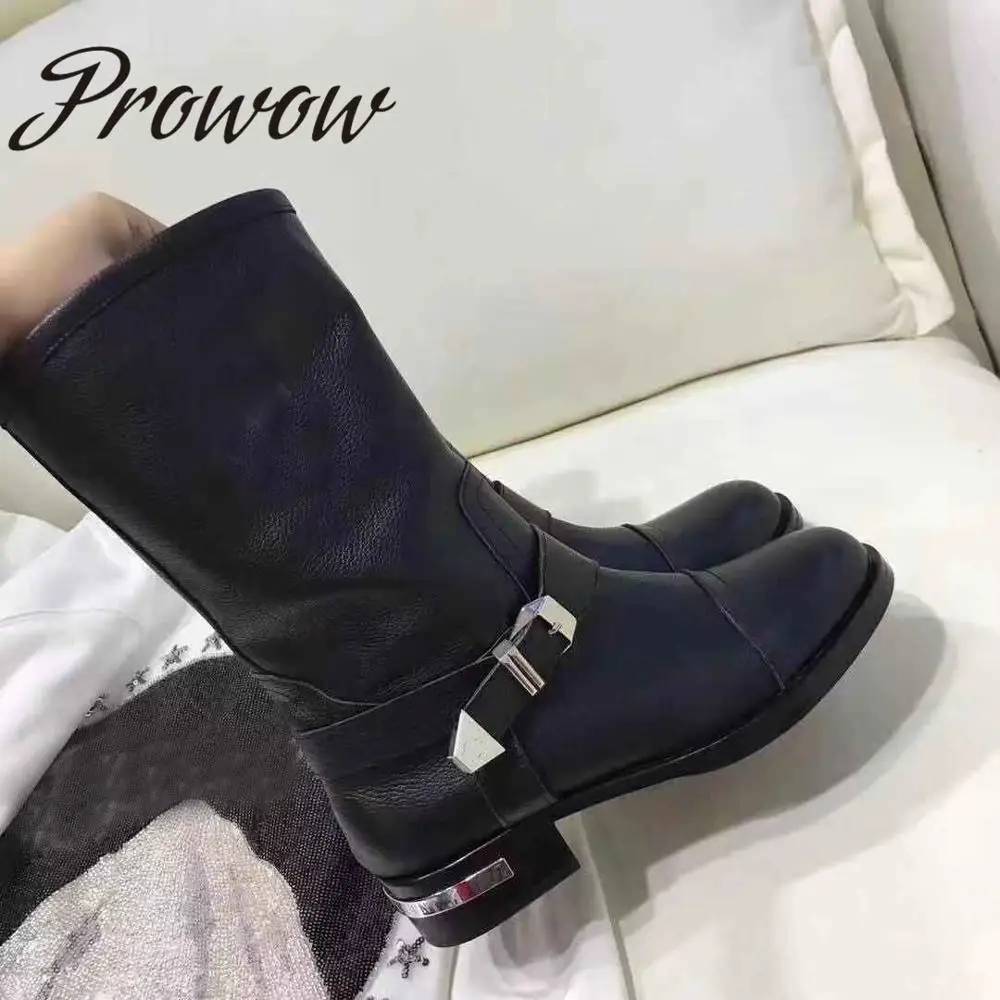 

Prowow New Luxury Brand Black Genuine Leather Slip On Autumn Winter Boots Thick Heel Crystal Deco Cool Boots Shoes Women