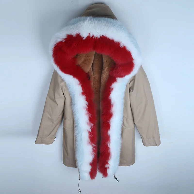 11 light khaki Пальто из натурального меха, водонепроницаемая парка, новая зимняя куртка, натуральный Лисий мех, воротник, капюшон, парка, подкладка из искусственного меха, Женская Толстая теплая верхняя одежда - Цвет: 11 light khaki