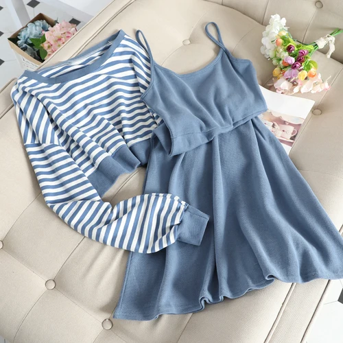 blue Neploe модный элегантный женский комплект из двух предметов платье на бретельках+ полосатая короткая рубашка корейский Свободный дикий повседневный костюм женский 46754 - Цвет: blue