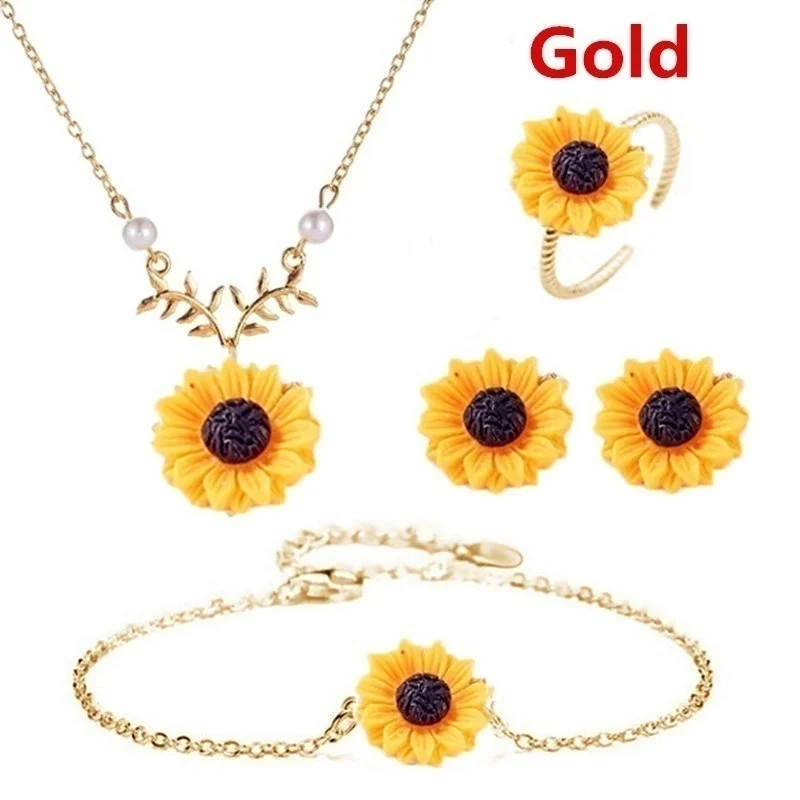 5PCS/Set Necklace Earring Bracelet Ring Set Women Fashion Jewelry Accessories Sunflower Jewelry Gifts Charm Pendant Necklaces