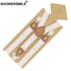 SHOWERSMILE Braces For Children Suspenders Strap Pink Stripe Leather Pants Strap Clips Tuxedo Suspensors For Boys Girls Tirantes