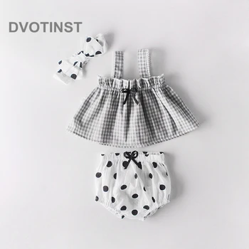 

Dvotinst Newborn Baby Girls Clothes Cotton Plaid Sling Bodysuits+Dot Panties+Headwear Princess Outfits Toddler Jumpsuit Costume
