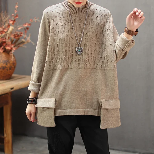 khaki sweaters Осенне-зимний свитер с воротником средней высоты, Одноцветный свитер с рукавами, Ретро стиль, Свободный вязаный свитер для женщин, короткая одежда, пуловеры Z3 - Цвет: khaki sweaters
