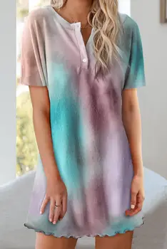 

4 Color Round Neck Button Tie-Dye Nightgown Blue Orange Sky Blue Multicolor pajamas casual dress casual loose lady nightdress
