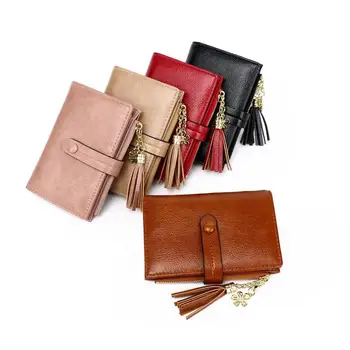 

Soft Leather Fold Tassel Wallet for Women Leather Purse Solid Color Leather Card Holder Bag Coin Bags Large Capacity Wallet #20