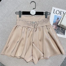 Short plissé taille haute pour femmes, jupe culotte rétro avec nœud en strass, amincissante, nouvelle collection automne et hiver 2021
