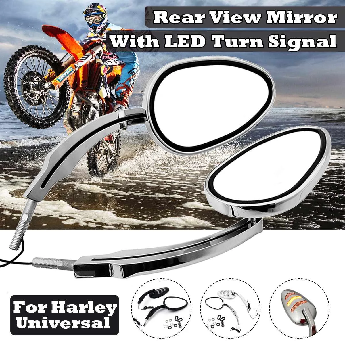 

Pair Motorcycle Rearview Side Mirror with Led Turn Signal Light Universal Metal Rear view Mirrors Black / Chrome for Harley