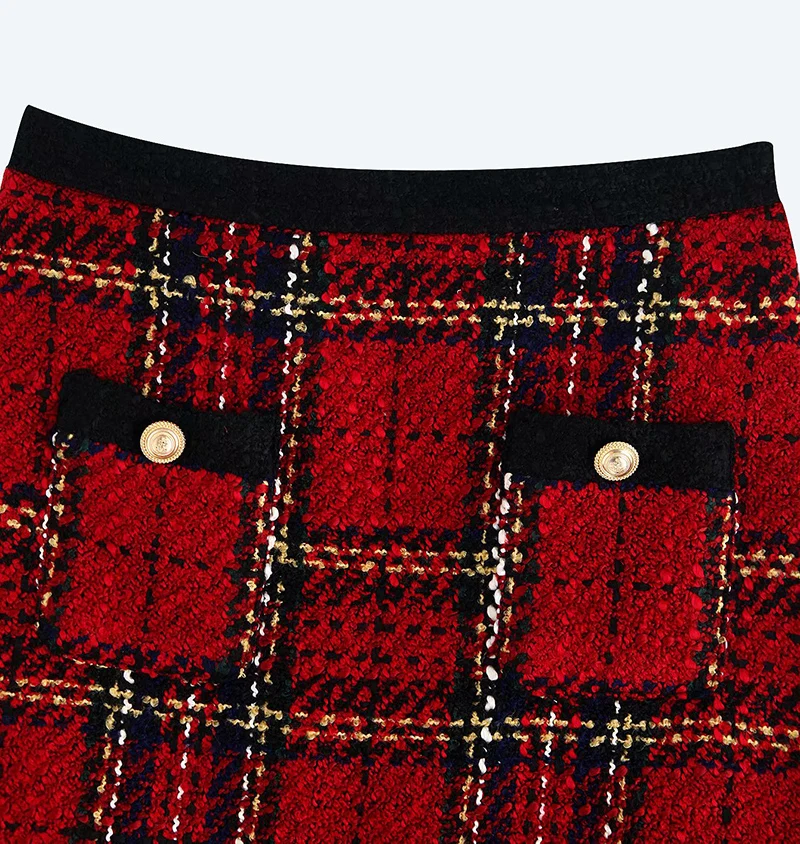 Винтажная стильная клетчатая твидовая мини-юбка с карманами для женщин, модные женские юбки трапециевидной формы с молнией сзади, повседневные юбки Faldas Mujer
