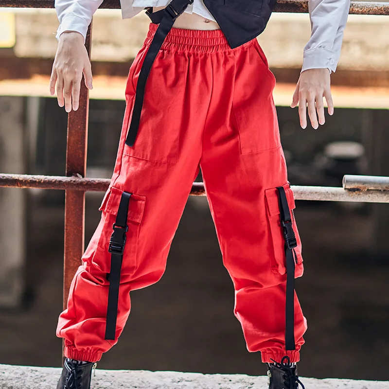 Kids Hip Hop Dance Clothes Black Sweatshirt Red Cargo Pants For