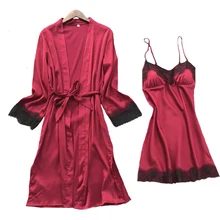 Women Twinset Robe Set Summer Sleepwear Home Clothes Lace Trim Kimono Bathrobe Gown Satin Nightgown Nightdress Sexy Nightwear