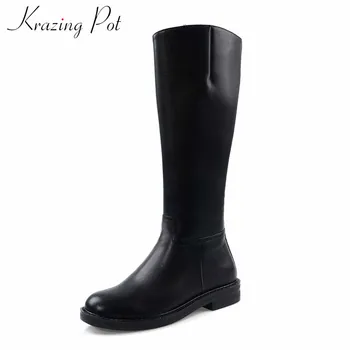 

Krazing Pot big size solid basic cow leather knight boots med heels round toe side zip women warm leisure knee high boots L39