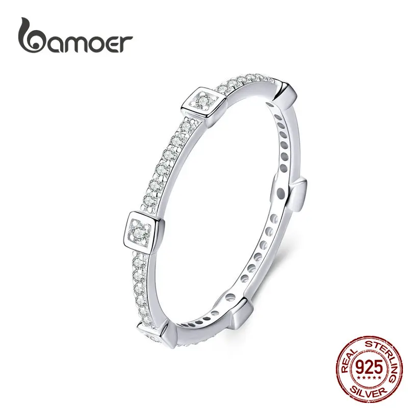 bamoer Square Geometric Stackable Finger Rings for Women Clear CZ 925 Sterling Silver Engagement Statement Jewelry SCR551