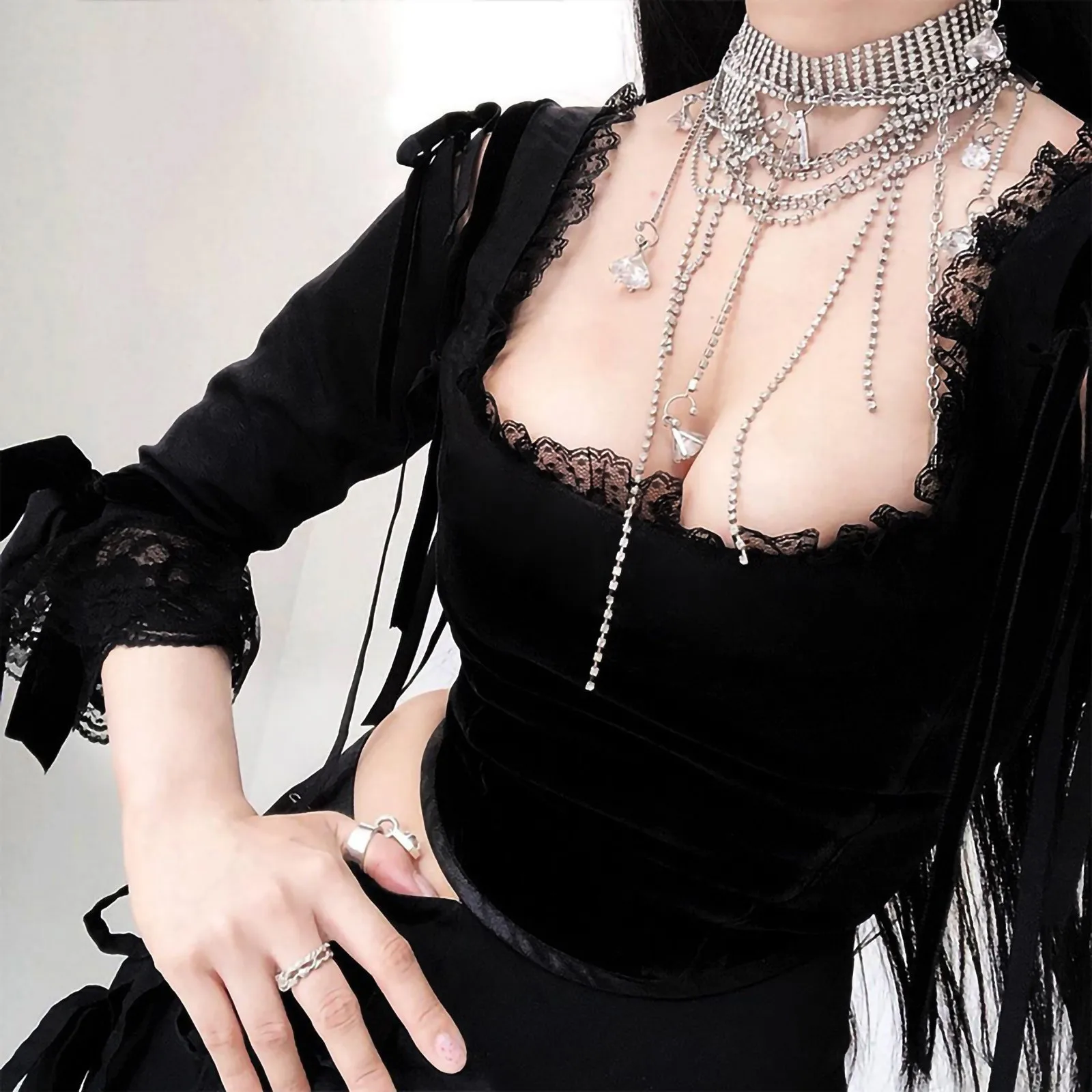 2020 Sexy Fashion Lace Shirts Women‘s Tops Gothic Slim Blouse Long Sleeve Slim Long Sleeves Shirt Блузи 1