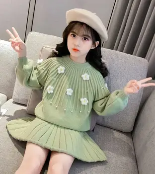 

New Autumn Girls Clothes Set Baby Girls Flower Pearl Sweater and Skirt Two-Piece Suits Fashion Kids Clothing Outfits