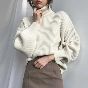

Autumn Winter Women Knitted Turtleneck Sweaters Pullovers Ladies Casual Lazy Solid Warm Jumper Pull Femme