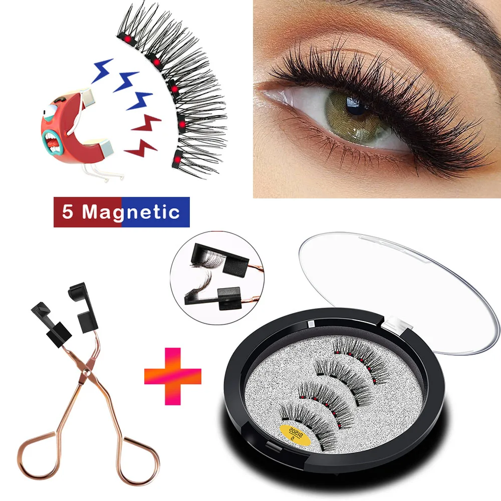 Pestañas postizas magnéticas 3D con 5 imanes, 4 Uds., naturales, hechas a mano, reutilizables, visón, con pinzas
