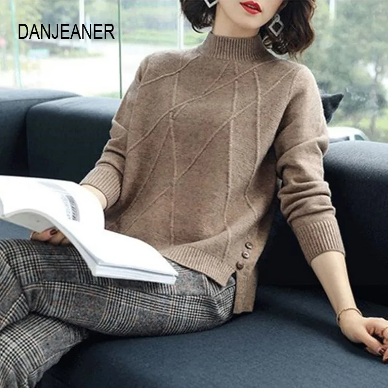 Skup DANJEANER jesień zima kobiety sweter z półgolfem urząd Lady stałe sweter z dzianiny w stylu casual podstawowe dzianiny eleganckie swetry