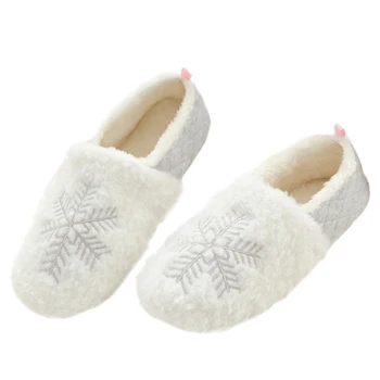 

1 Pair Snowflake Printing Slippers Plush Warm Slipper Thick-soled Shoes for Home
