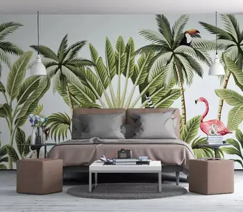 

CJSIR Customize 3d Wallpaper Hand Painted Rainforest Banana Leaf Flamingo Wallpaper Mural Living Room Background Wallpaper