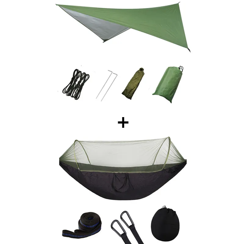 Green and black Outdoor Portable Hammock with Mosquito Net and Rain Fly Camping Backpacking Bug Hammocks and Netting Parachute Hammock Canopy - Color: Green and black