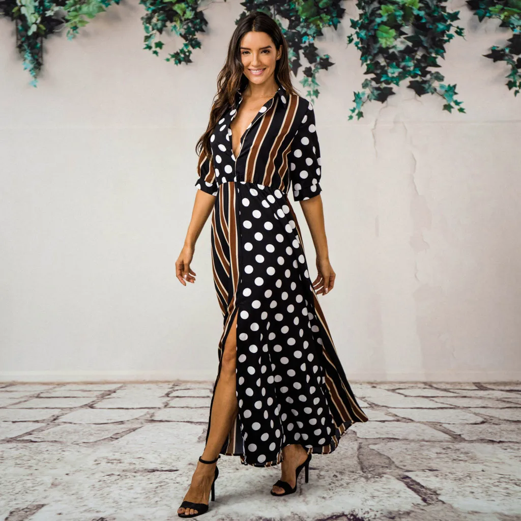 Womens Boho Half Sleeve Wave Point Fashion Ladies Casual Evening Paty Long Dress