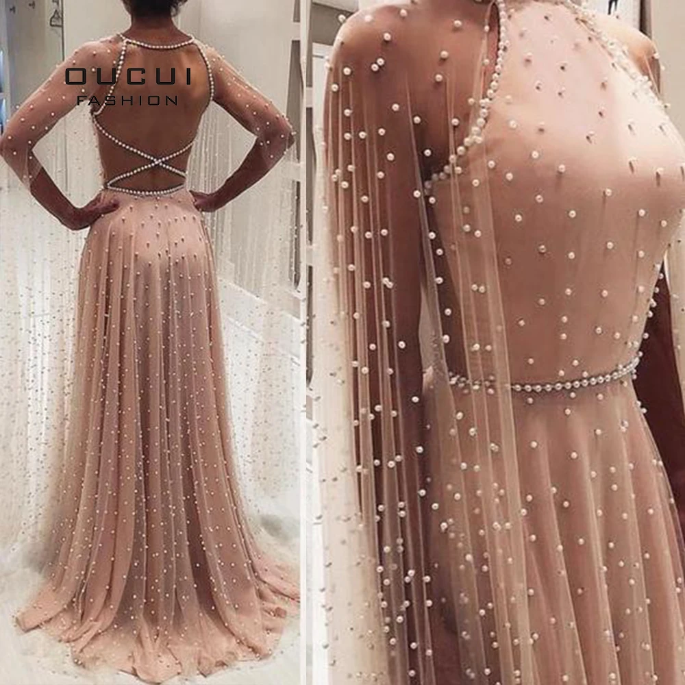 Oucui Luxe Illusion Roze Parels Open Back Avond Party Jurken Lange 2020 Halter Tulle A-lijn Prom Gown Met Cape OL103546 Oucui Luxe Illusion Roze Parels Open Back Avond Party Jurken Lange 2020 Halter Tulle A-lijn Prom Gown Met Cape OL103546