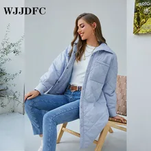 

WJJDFC Vintage Elegant Winter Jacket Loose Plaid Pocket Women's Parka Blue Split Lapel Long Jacket Winter Fashion Quilted Jacket