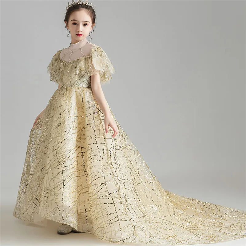 Children Girls Luxury Sequined Wedding Party Evening Birthday Princess Long Tail Dress Baby Kids Piano Pageants Ceremony Dress