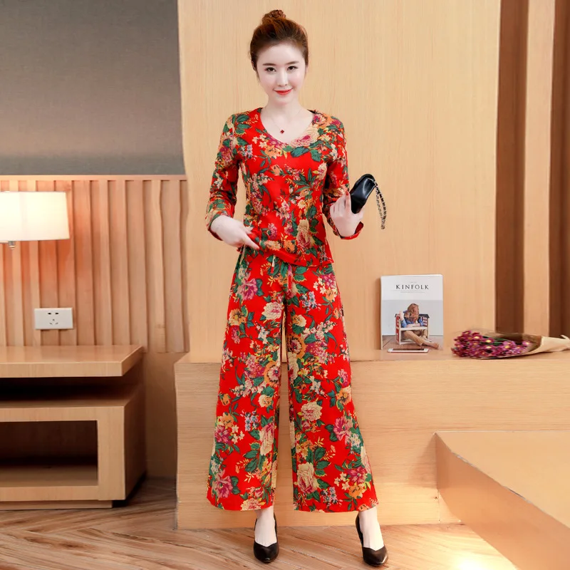 

2018 Autumn New Style Ethnic-Style Cotton Linen Slim Fit Printed Long-sleeved T-shirt + Wide-Leg Trousers Fashion Leisure Suit