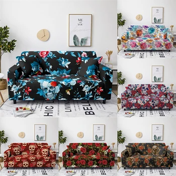 

Homesky skull floral printed sofa cover for living room furniture protector stretch couch cover elastic 1/2/3/4 seat slipcover