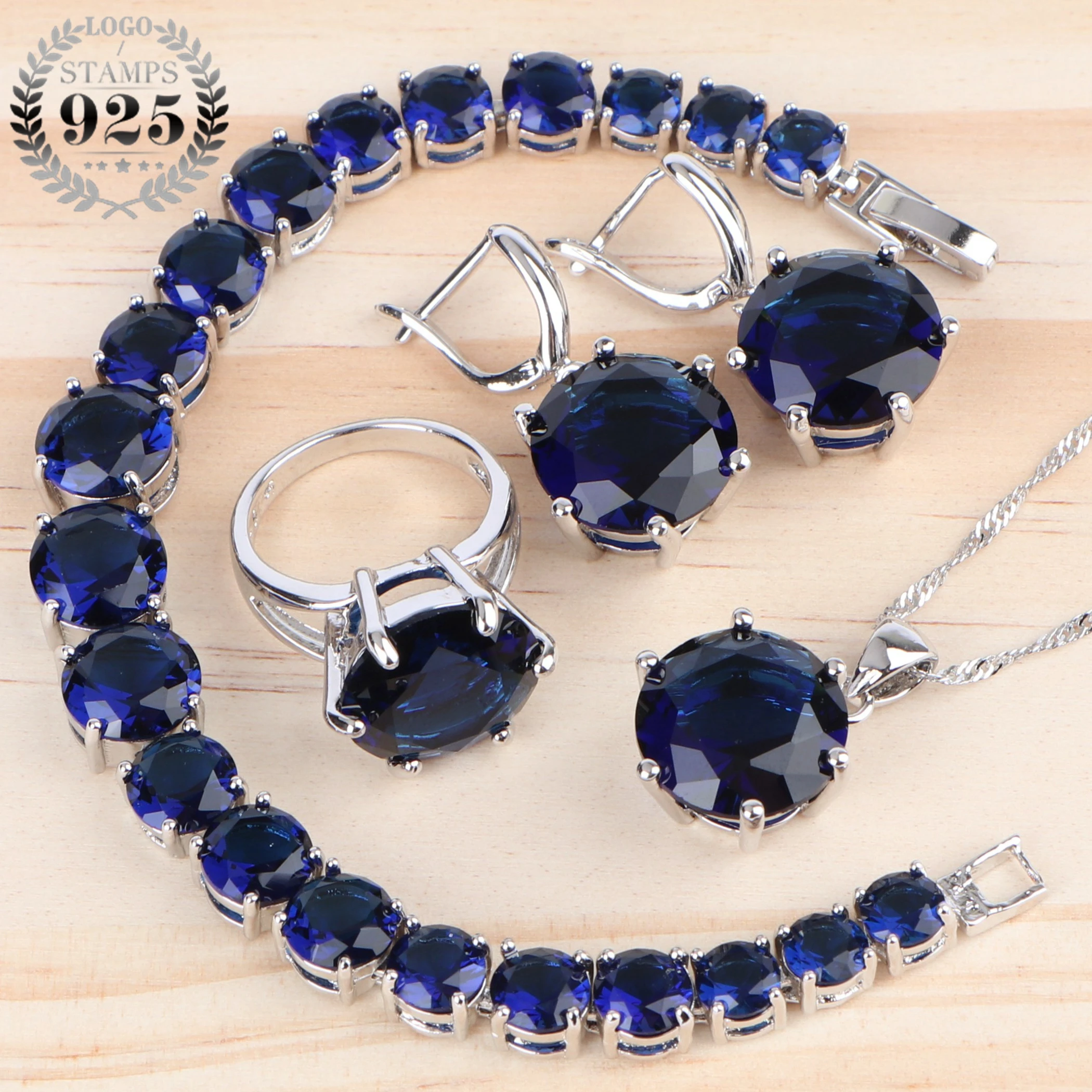 

925 Silver Women Costume Bridal Jewelry Sets Blue Zirconia Luxury Women Wedding Bracelets Pendant&Necklace Rings Earrings Set
