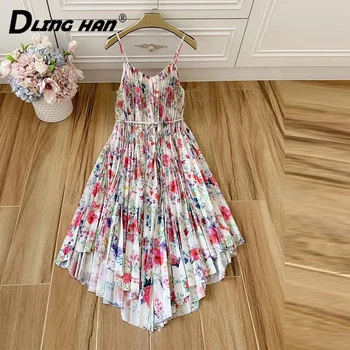 

DLINGHAN Fashion Floral Print Pleated Dress Sexy Backless Spaghetti Strap Vacation Midi Dresses Designer Summer Women's New