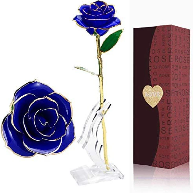Genuine 24K Gold Dipped Trim Long Stem Rose Flower Glass Valentine Mother's Day 