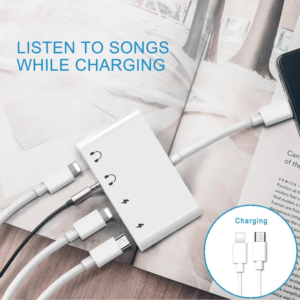 4 in 1 for Lightning to 3 5mm Headphone Aux Jack Audio Adapter With Micro USB Charge Audio Port For iPhone X XR XS 8 7 iPod iPad