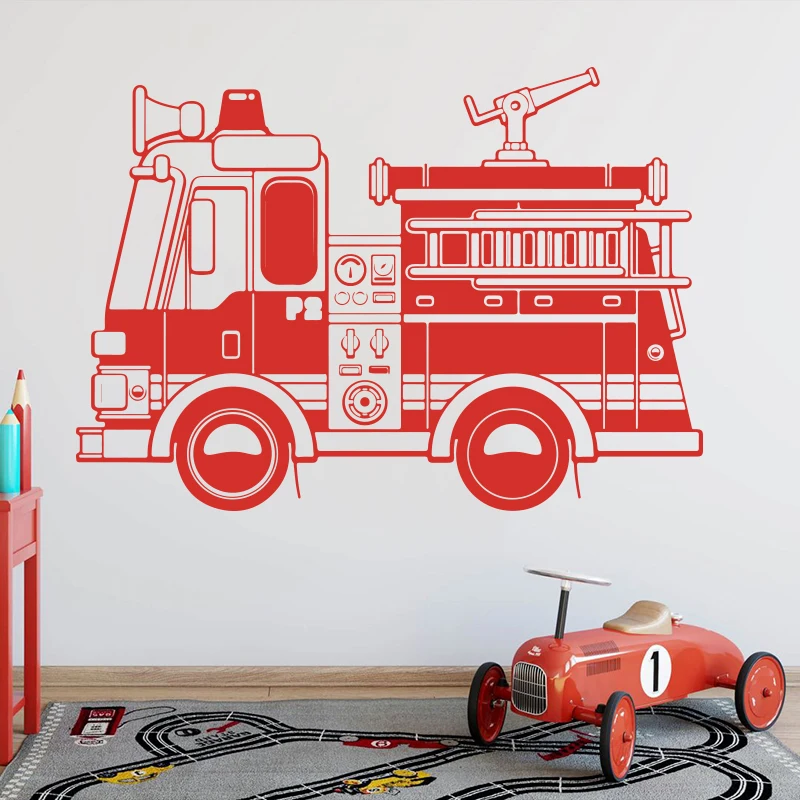 Grande Camion Dei Pompieri Camion Dei Pompieri Wall Sticker Boy Room Playroom Fire Car Vehicle Construction Truck Wall Decal Vinyl Decor