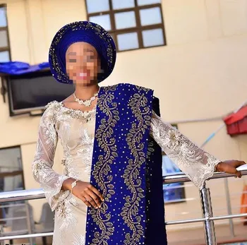 

Aso Oke Headtie With Stones And Beads Nigerian Lace Fabric High Quality Lace Fabric African Headtie Gele For Women 2pieces