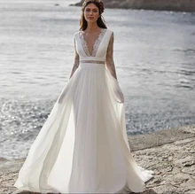 

Bohemian Beach Wedding Dress 2021 A-Line V-Neck Long Sleeve Lace Appliques Button Princess Fairy Bride Gown Vestidos De Noiva