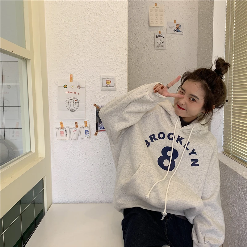 Aulead, новинка, Harajuku, толстовки, женские, зимние, с буквенным принтом, на шнуровке, Утолщенные, плюс кашемир, цифровой пуловер, свободные толстовки, для студентов, 50cs