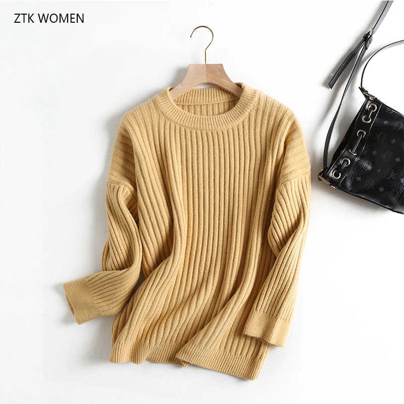 

Women Sweaters 2019 Autumn Tops O-neck Solid Loose Sweater Thick Pullover Jumper Yellow Green Knit Casual Femme Sweater Top