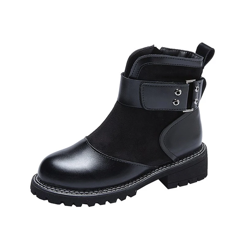 

Women Autumn Pu Leather Splicing Suede Ankle Boots Ladies Buckle Strap Non Slip Square Heels Shoes women's Casual Boots